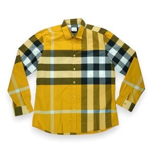 Burberry Yellow Check Stretch Poplin Shirt Men's Size XL Plaid Long Sleeve